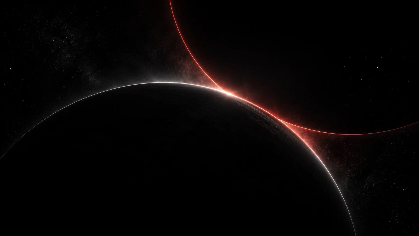 Brand illustration of orbital arcs above a dark horizon