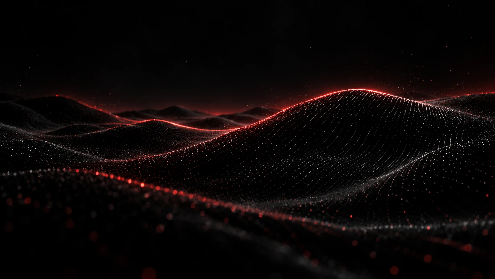 Brand illustration of a red particle wave against a dark background