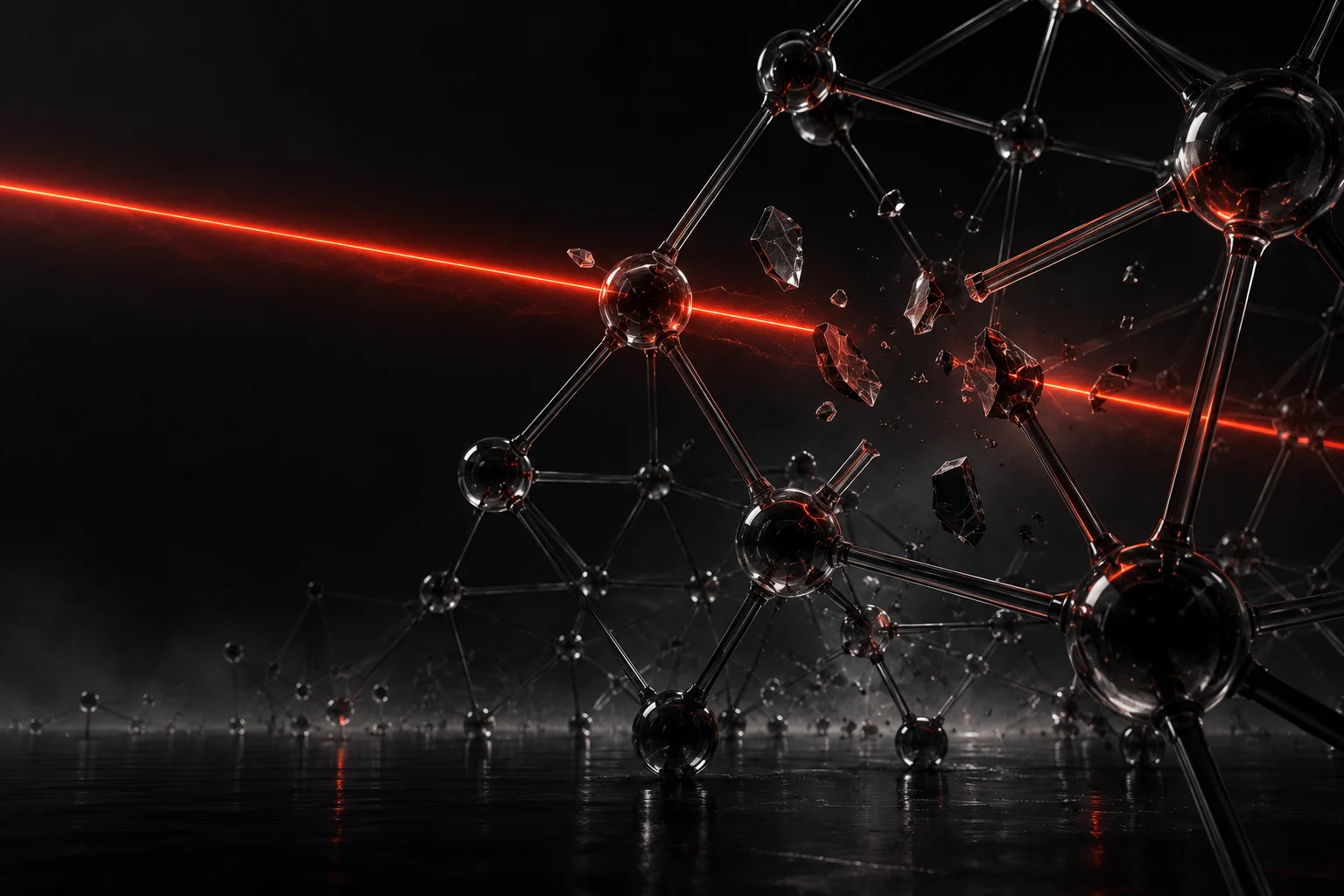 Conceptual illustration of a black glass network interrupted by a red beam